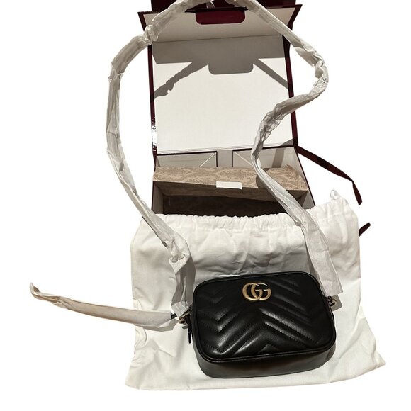 NIB Gucci Marmont Mini Camera Bag Black Leather Crossbody Gold - Picture 1 of 12